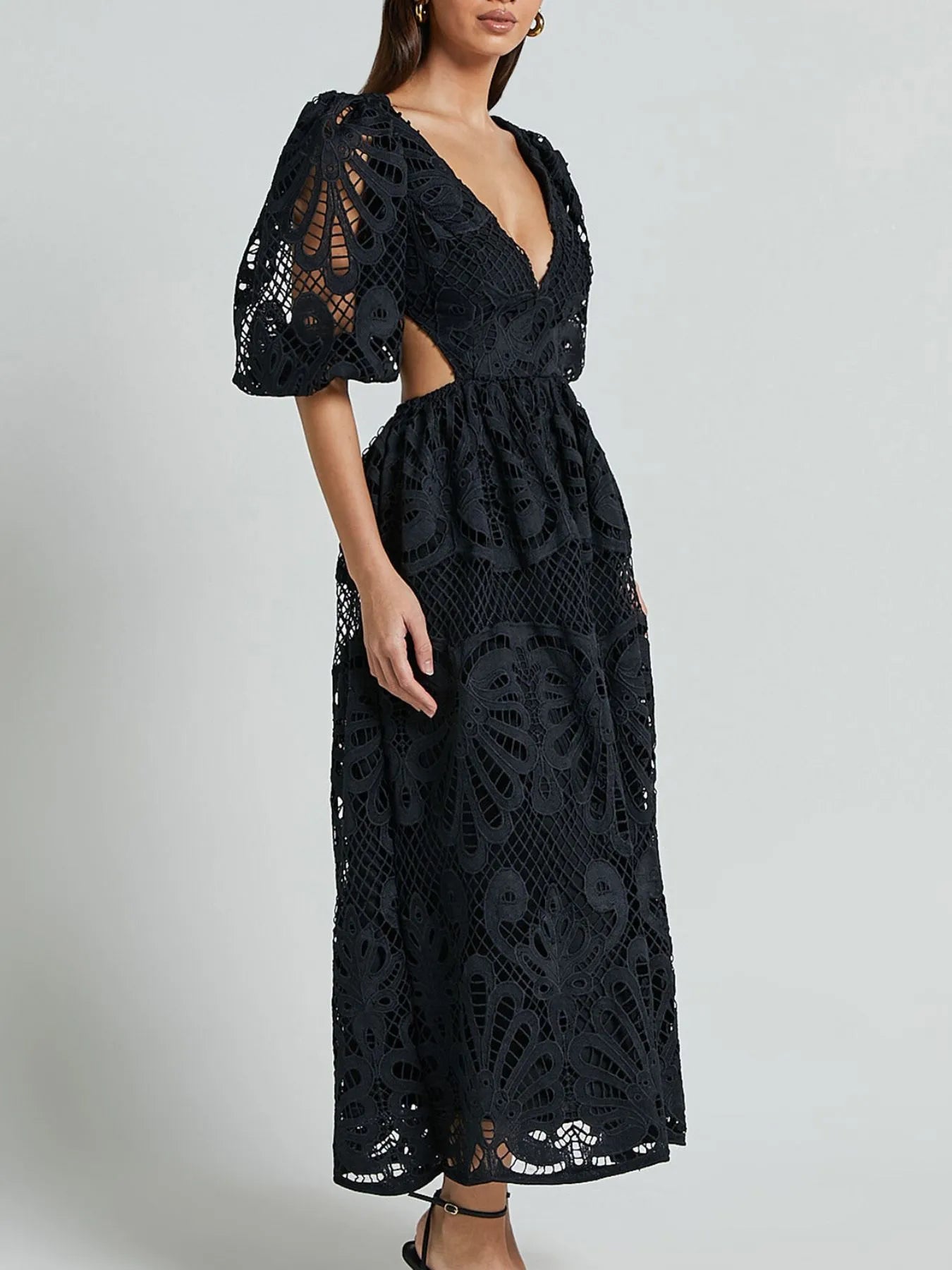 Cutout Back Lace Crochet V-Neck Dress - LoveNest Treasures