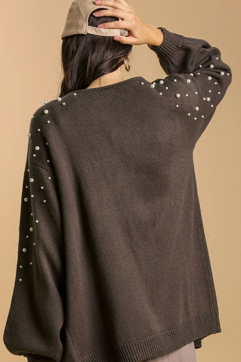 Umgee Full Size Open Front Cardigan with Long Sleeve Pearl Details Plus Size - LoveNest Treasures