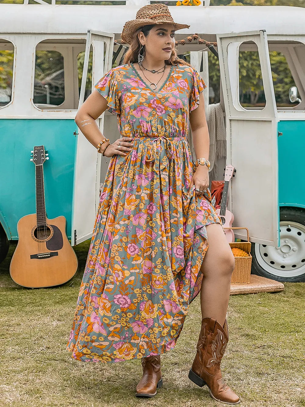Plus Size Ruffled Printed Cap Sleeve Dress - LoveNest Treasures