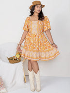 Plus Size Printed Square Neck Short Sleeve Dress - LoveNest Treasures