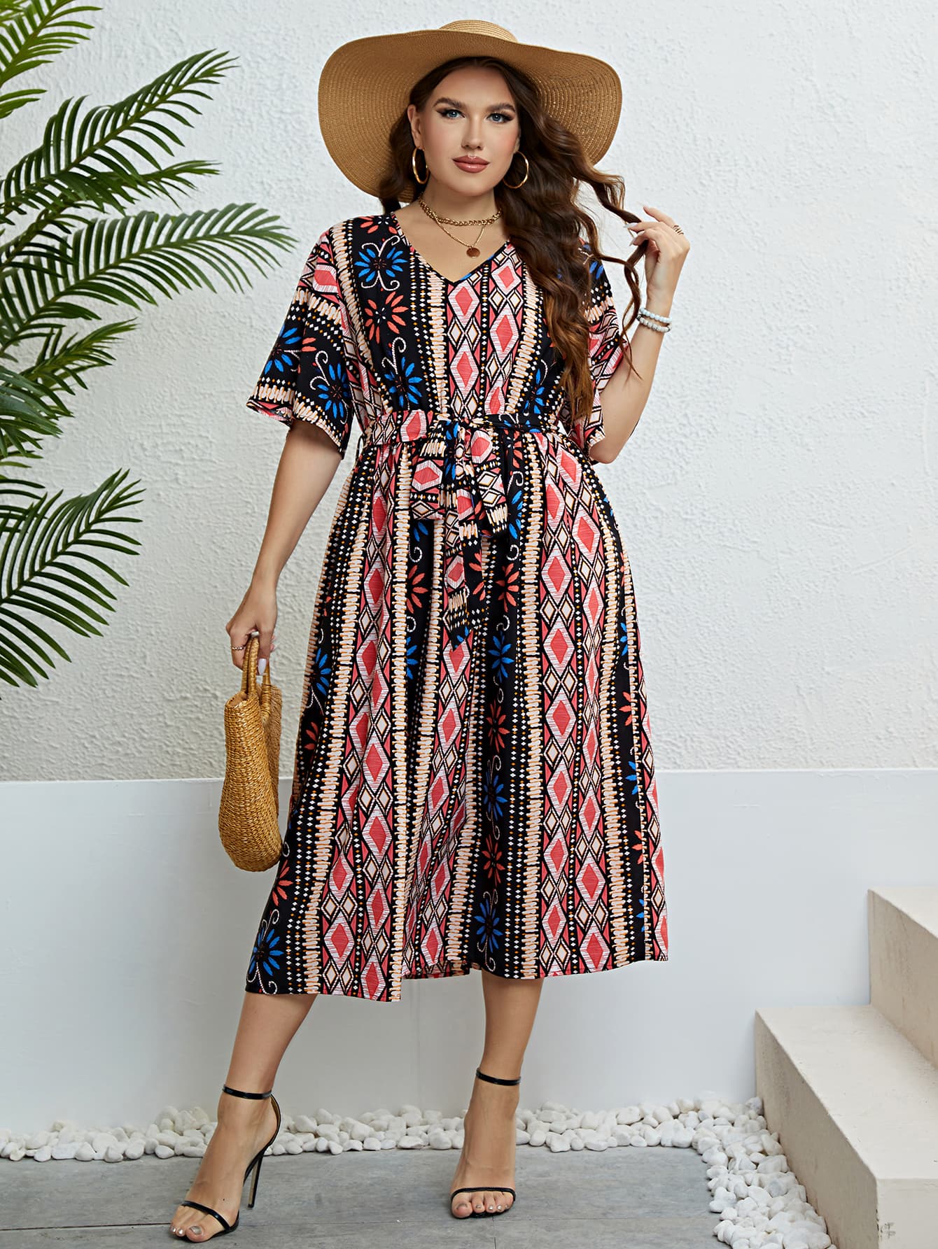 Honey Plus Size Bohemian V-Neck Tie Belt Midi Dress - LoveNest Treasures