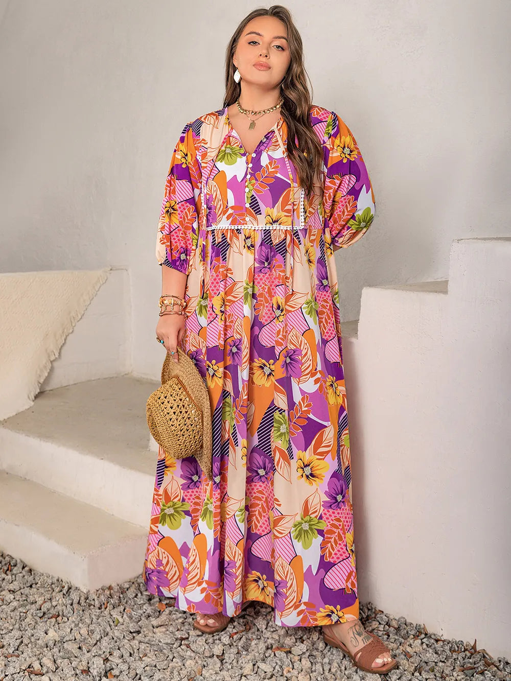 Plus Size Printed Tie Neck Maxi Dress - LoveNest Treasures