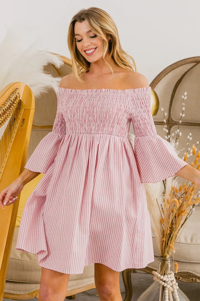 BiBi Smocked Off Shoulder Striped Dress - LoveNest Treasures