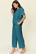 Double Take Full Size Texture Half Zip Short Sleeve Top and Pants Set - LoveNest Treasures