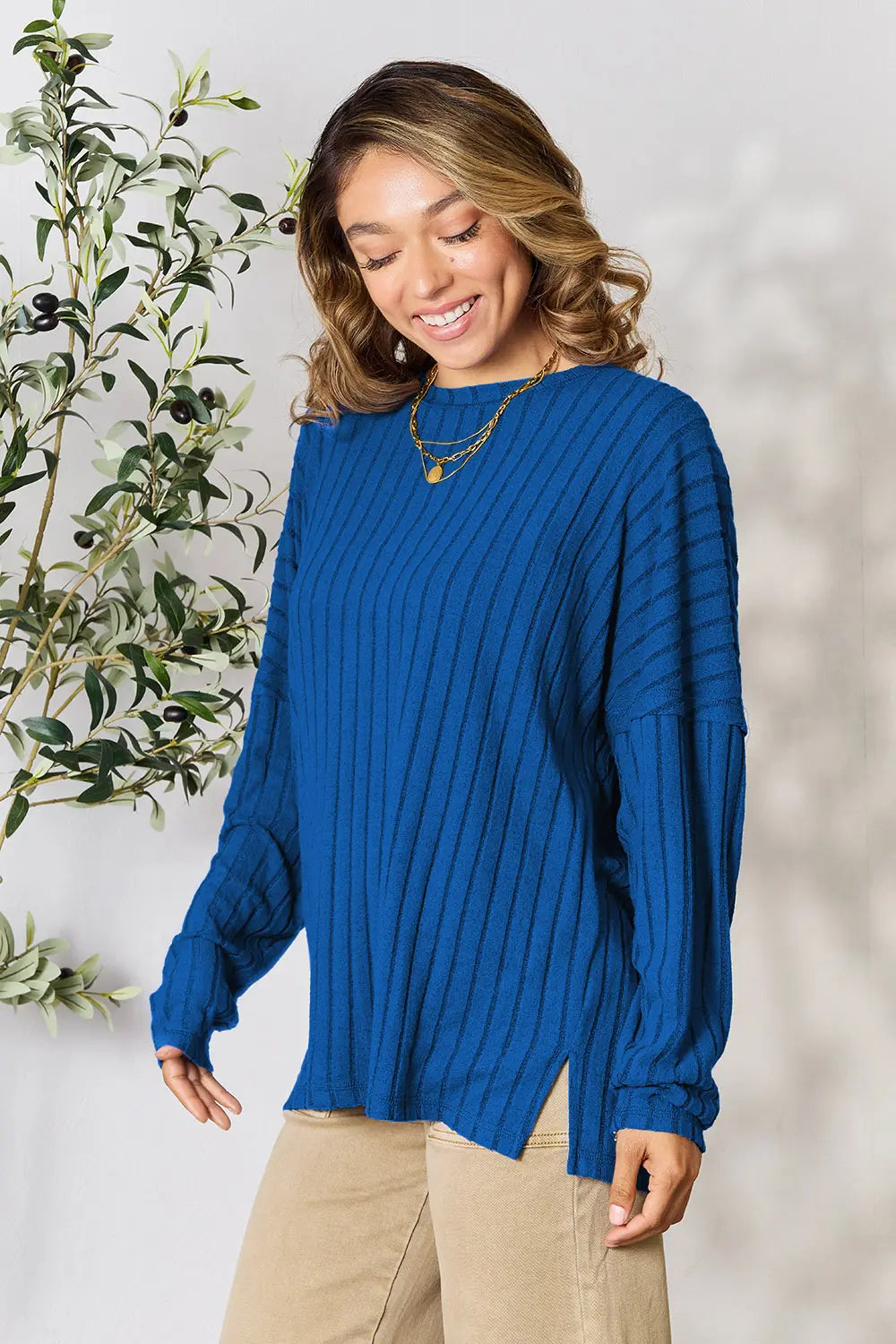 Basic Bae Full Size Ribbed Round Neck Slit Knit Top - LoveNest Treasures
