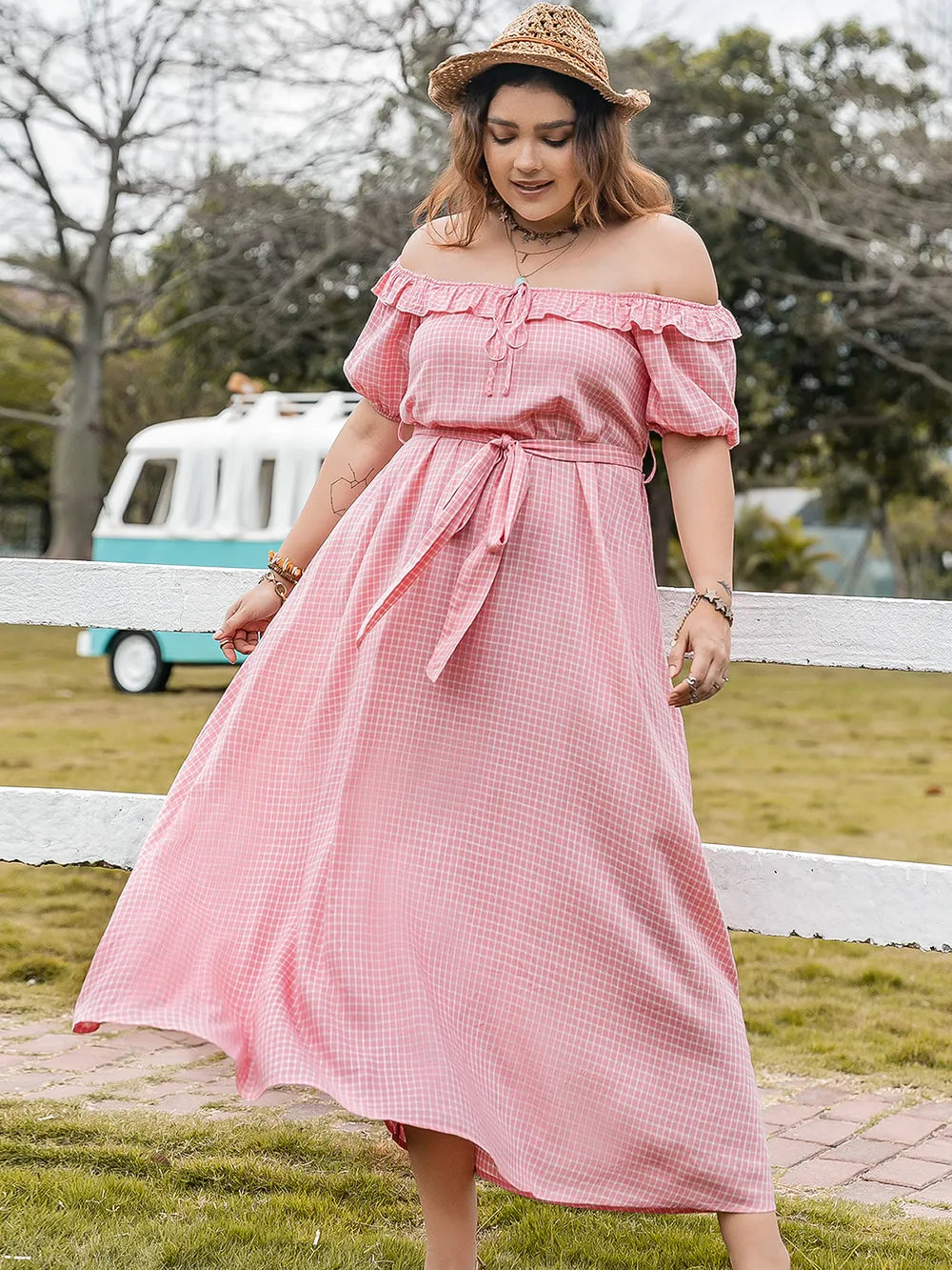 Plus Size Plaid Off-Shoulder Short Sleeve Midi Dress - LoveNest Treasures