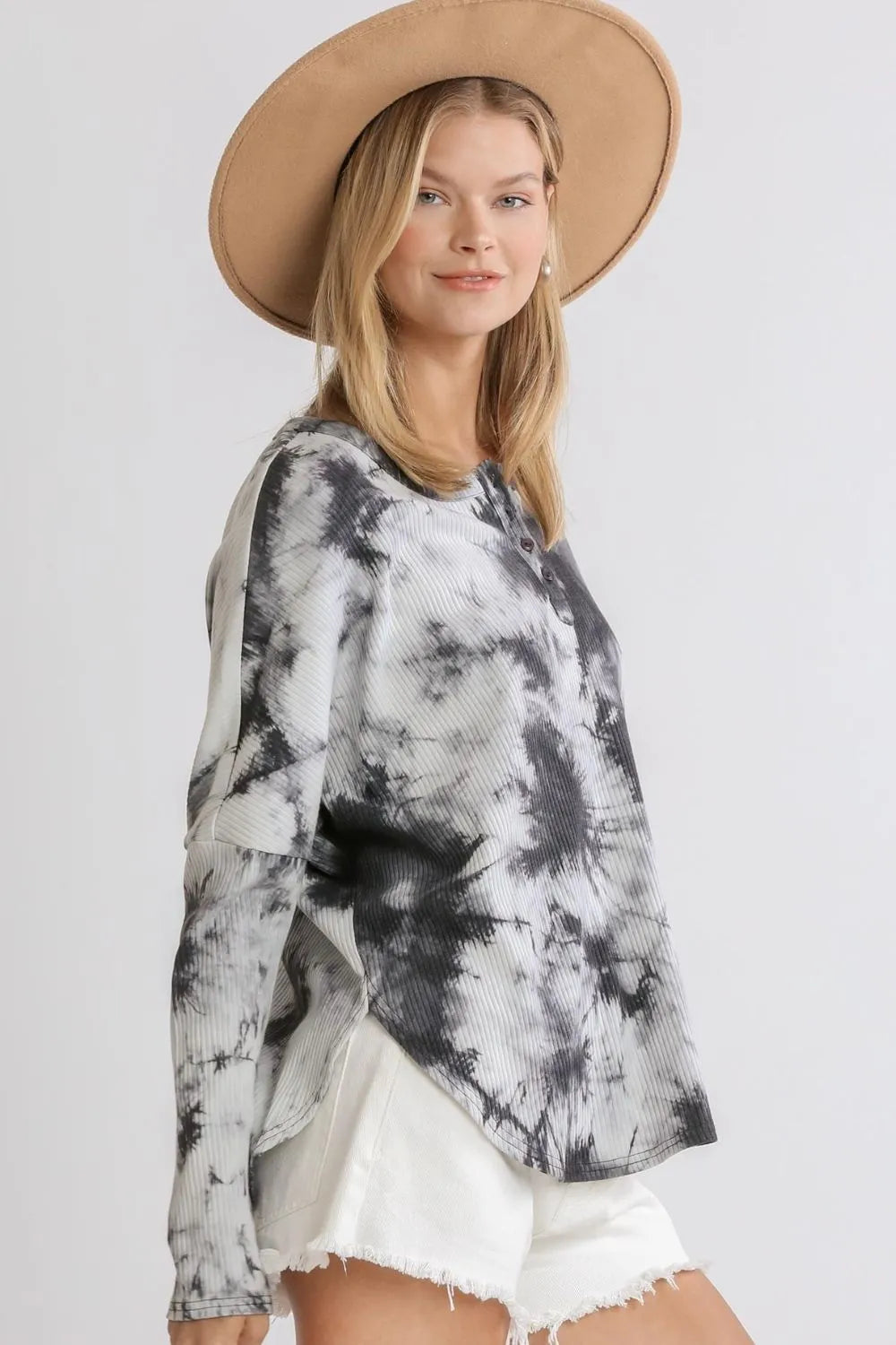 Umgee Full Size Tie Dye Round Neck Ribbed Button Front Top Plus Size - LoveNest Treasures