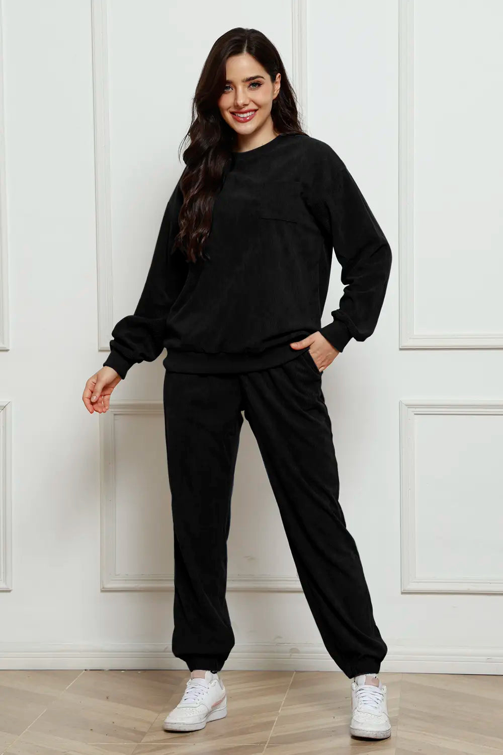 Corduroy Round Neck Sweatshirt and Sweatpants Set - LoveNest Treasures