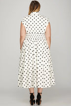 She + Sky Front Zip Polka Dots Cap Sleeve Midi Dress - LoveNest Treasures