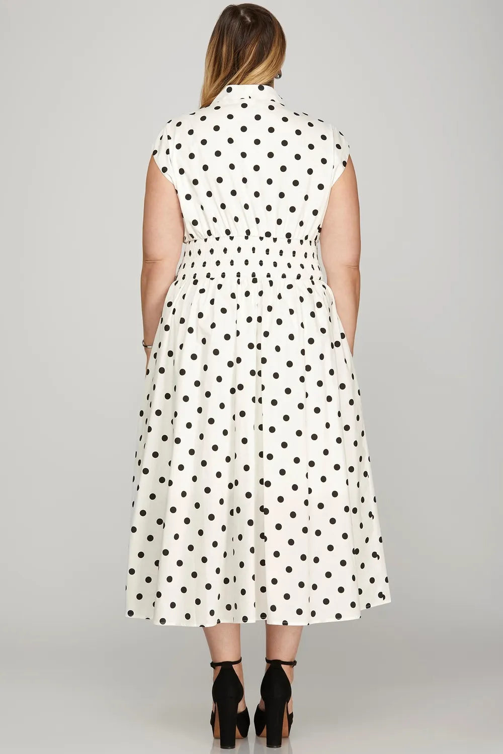 She + Sky Front Zip Polka Dots Cap Sleeve Midi Dress - LoveNest Treasures