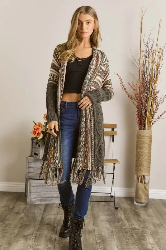 ADORA Full Size Fringe Hem Aztec Cardigan Plus Size - LoveNest Treasures