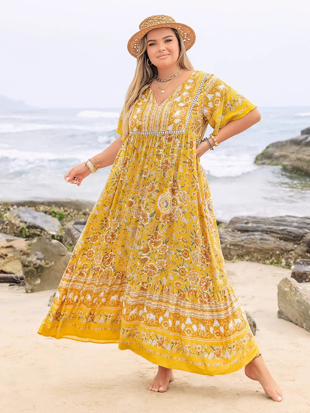 Plus Size Floral Tie Neck Flutter Sleeve Maxi Dress - LoveNest Treasures