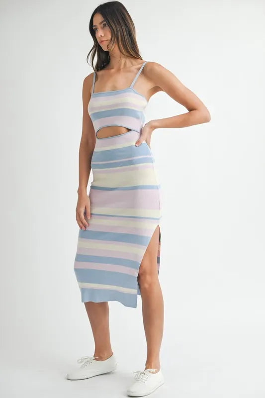 MABLE Multi Color Striped Front Cutout Knit Midi Dress - LoveNest Treasures