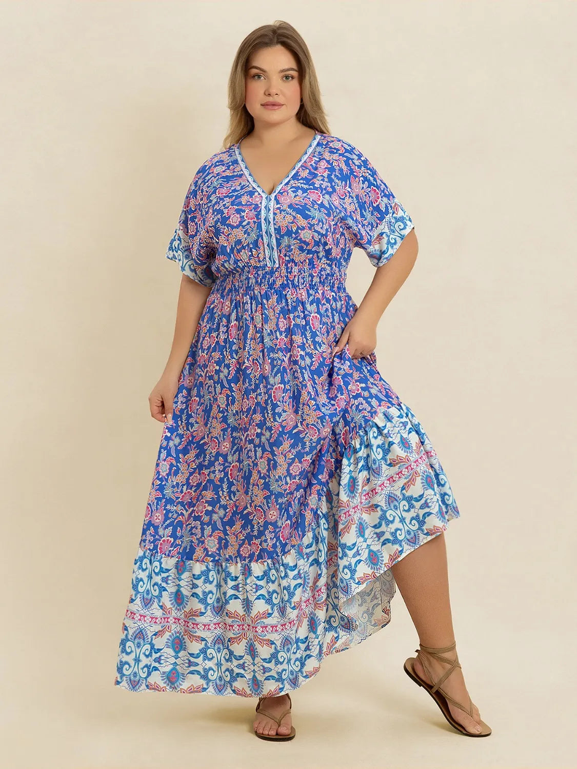 Plus Size Smocked Printed Half Sleeve Midi Dress - LoveNest Treasures