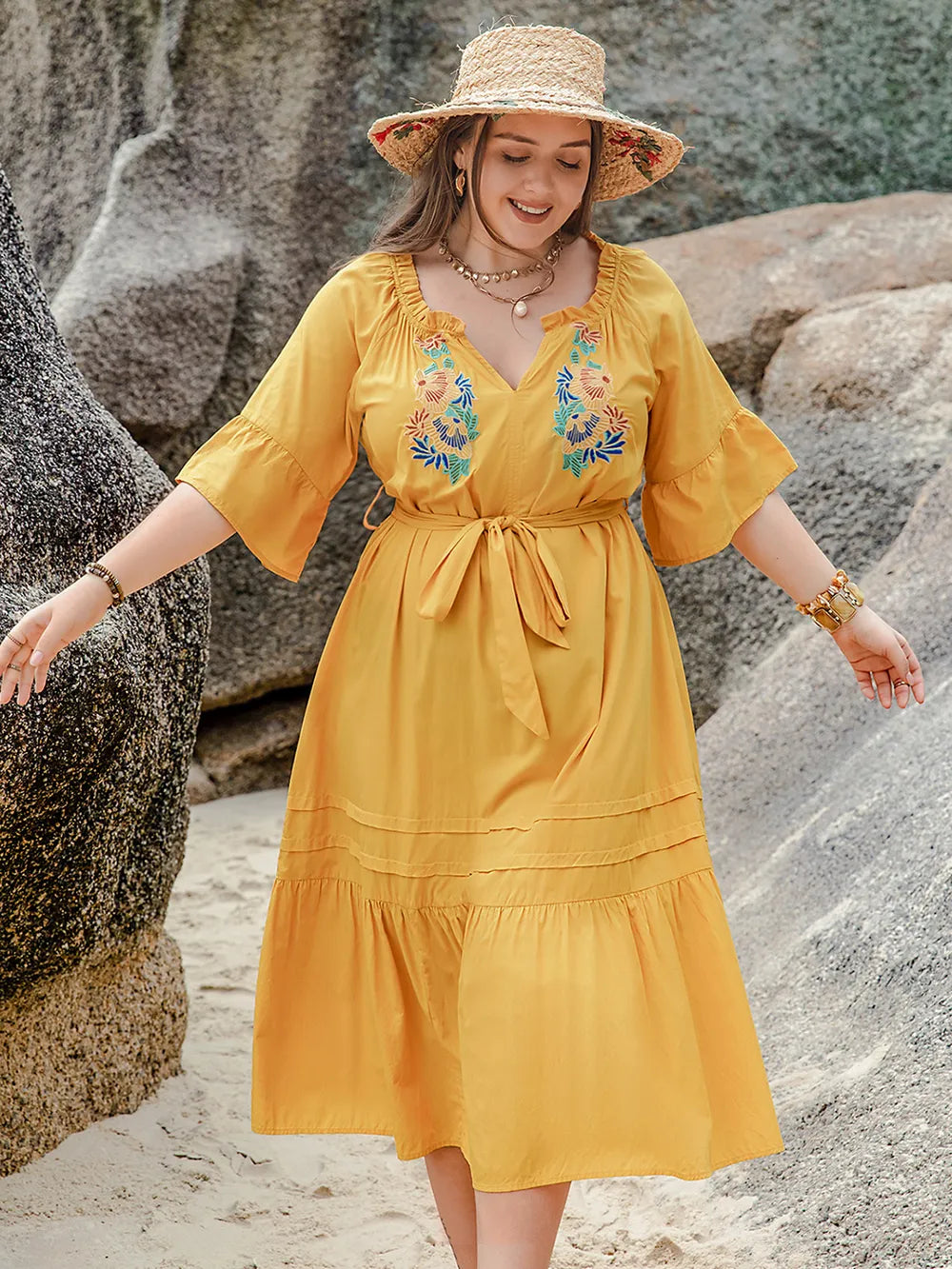 Plus Size Notched Tie Waist Half Sleeve Midi Dress - LoveNest Treasures