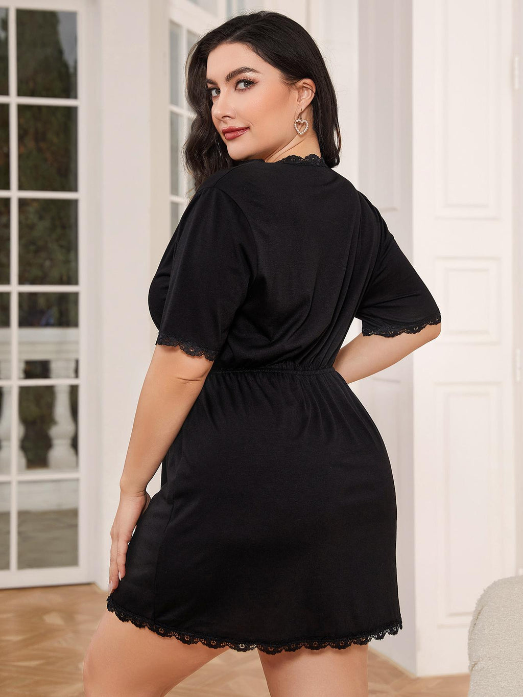 Plus Size Lace Trim Deep V Night Dress - LoveNest Treasures