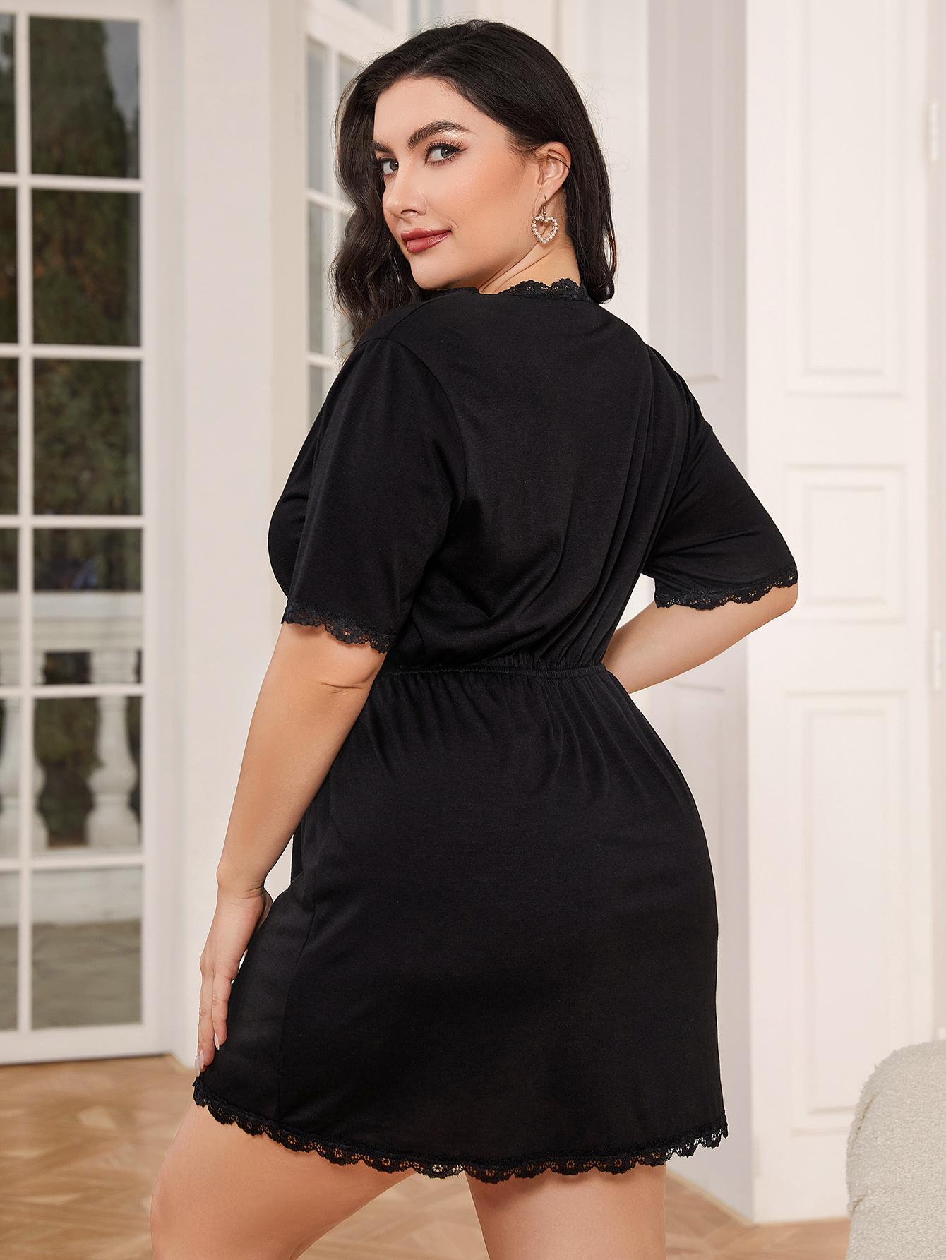 Plus Size Lace Trim Deep V Night Dress - LoveNest Treasures