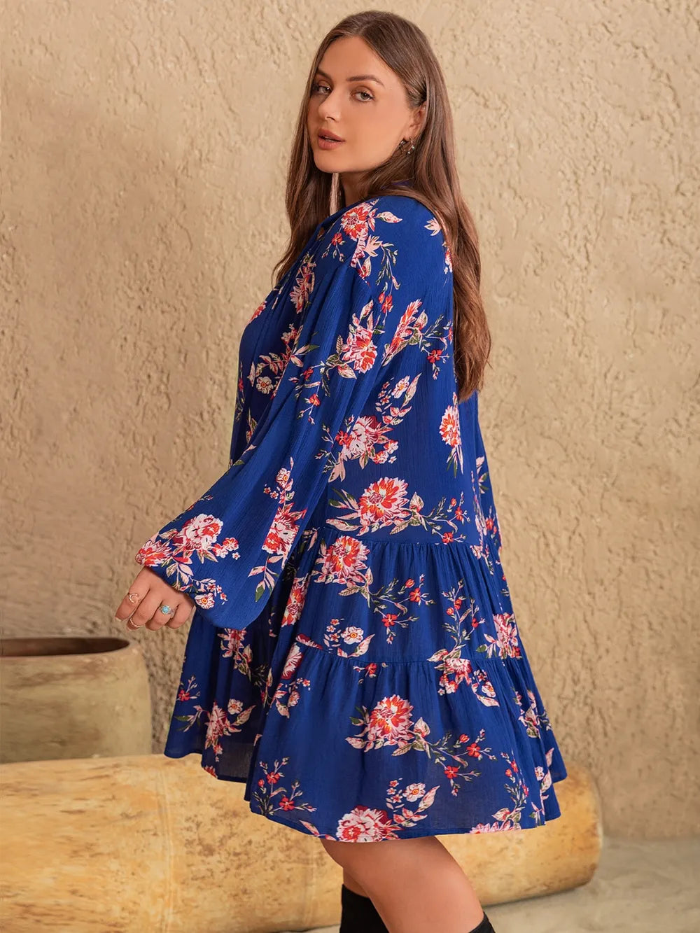 Plus Size Printed Tie Neck Balloon Sleeve Mini Dress - LoveNest Treasures