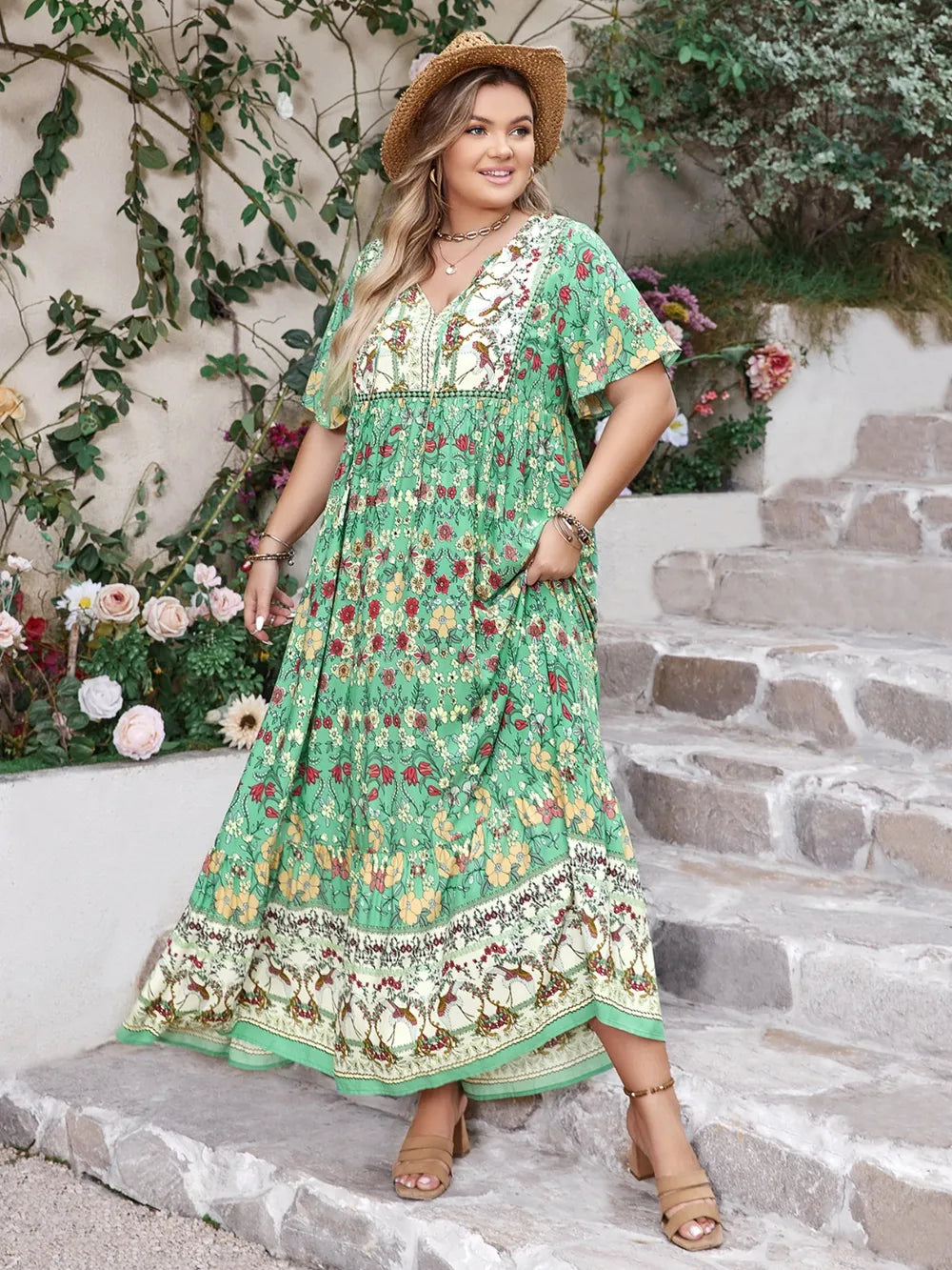 Plus Size Floral Tie Neck Flutter Sleeve Maxi Dress - LoveNest Treasures