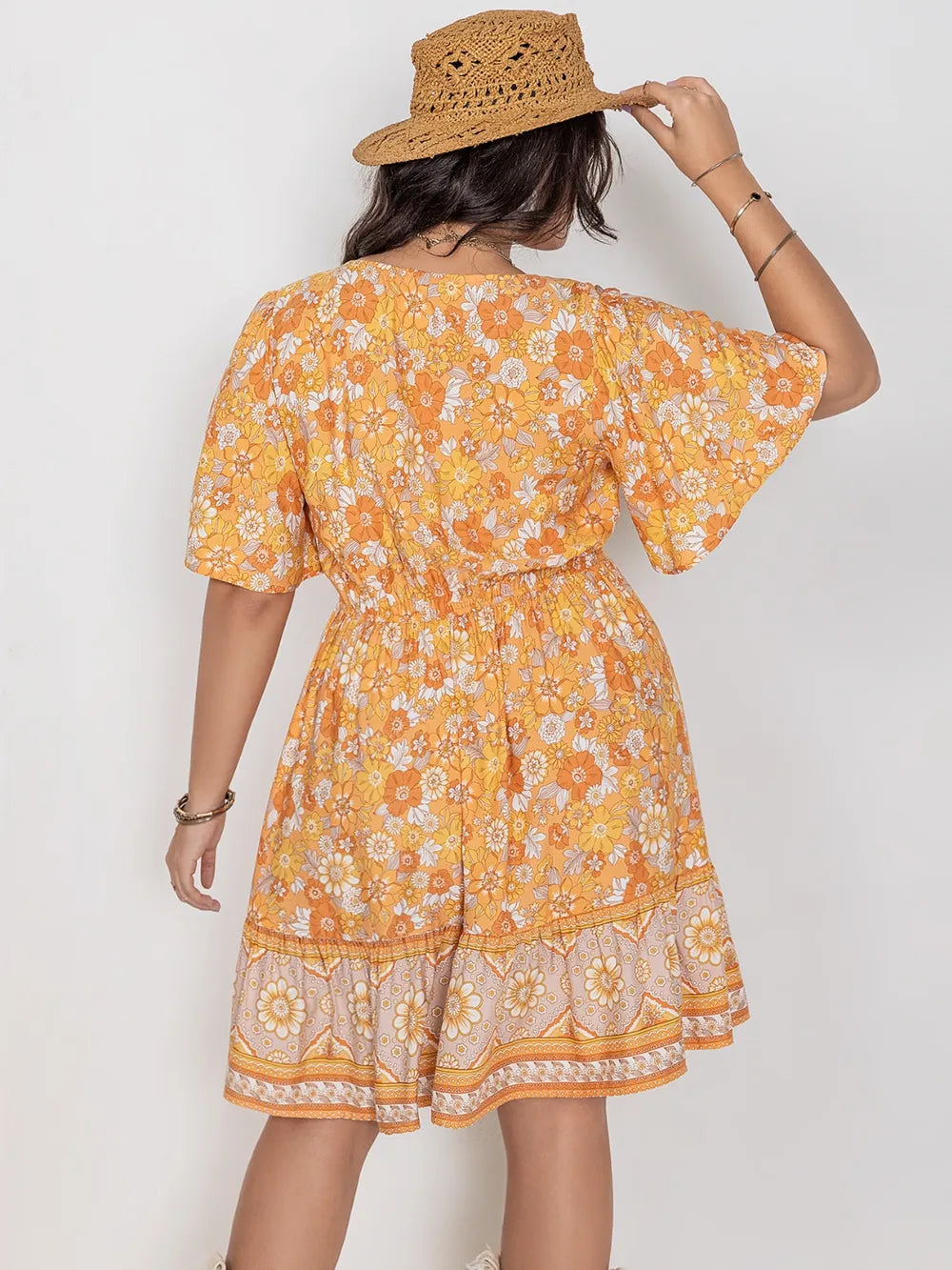Plus Size Printed Square Neck Short Sleeve Dress - LoveNest Treasures
