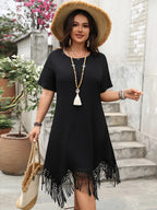 Plus Size Fringe Round Neck Short Sleeve Midi Tee Dress - LoveNest Treasures