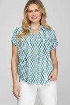 She + Sky Full Size Printed Johnny Collar Short Sleeve Blouse Plus Size - LoveNest Treasures