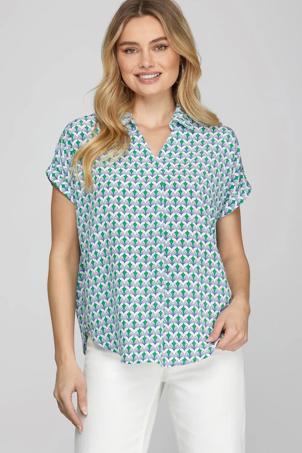 She + Sky Full Size Printed Johnny Collar Short Sleeve Blouse Plus Size - LoveNest Treasures