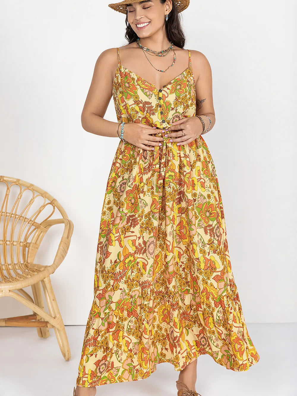 Plus Size Printed V-Neck Maxi Cami Dress - LoveNest Treasures