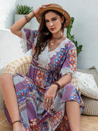 Plus Size Printed Lace Detail Short Sleeve Dress - LoveNest Treasures