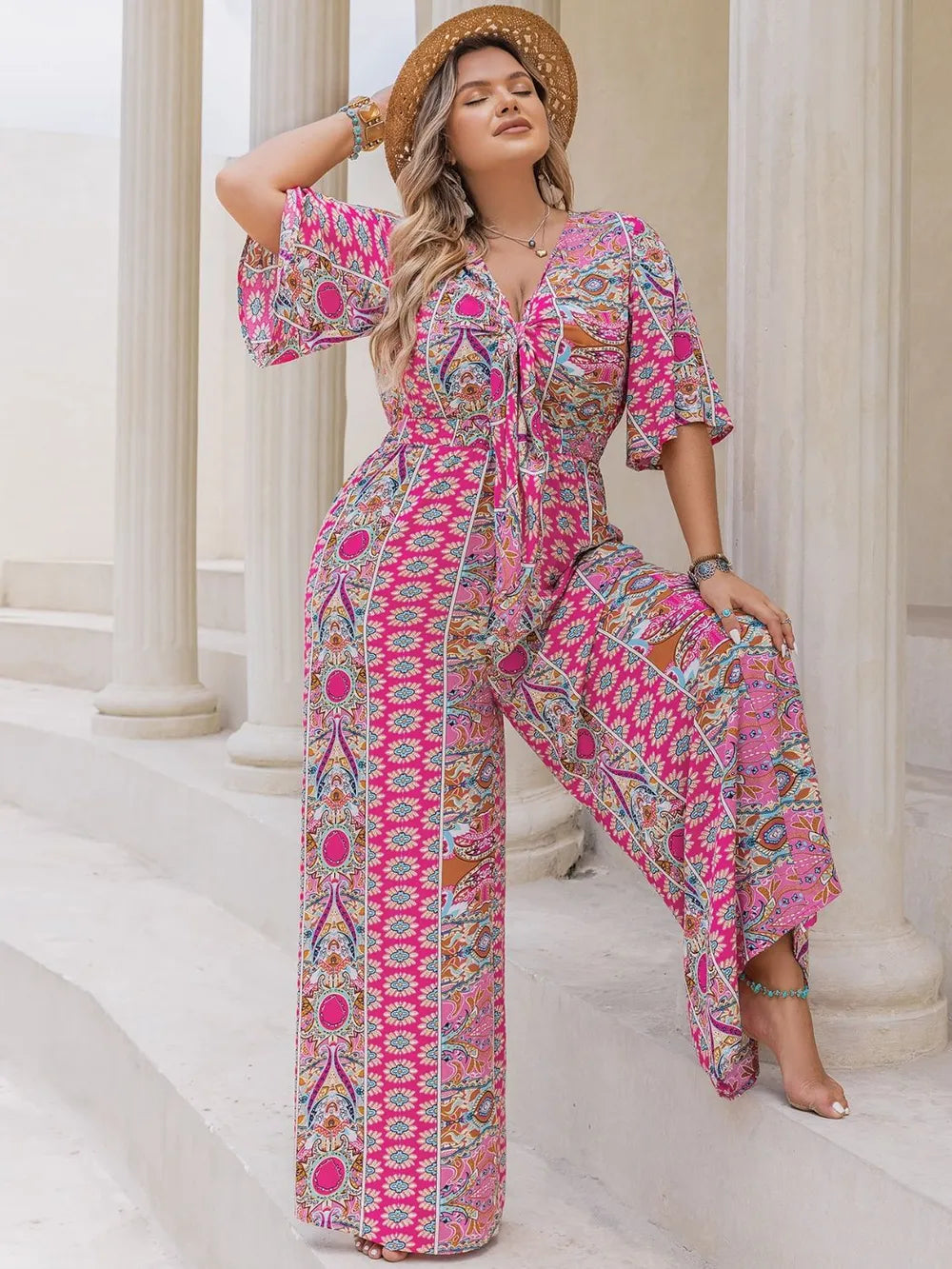 Plus Size Printed Half Sleeve Wide Leg Jumpsuit - LoveNest Treasures
