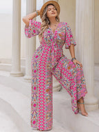 Plus Size Printed Half Sleeve Wide Leg Jumpsuit - LoveNest Treasures