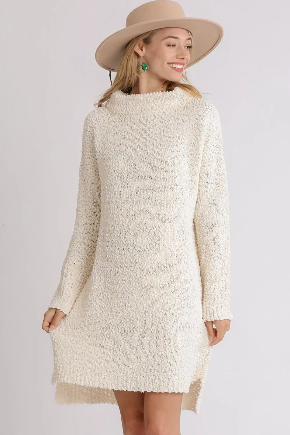Umgee Full Size High Low Long Sleeve Boucle Sweater Dress Plus Size - LoveNest Treasures