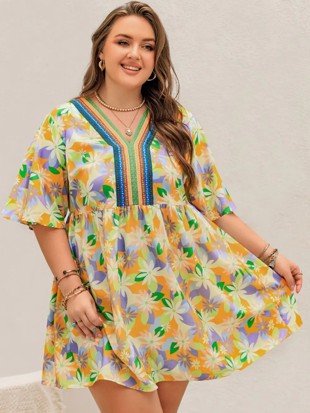 Plus Size Printed V-Neck Half Sleeve Mini Dress - LoveNest Treasures