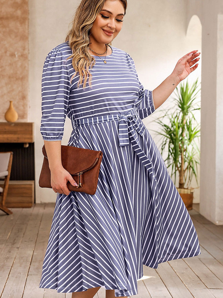 Plus Size Round Neck Striped Tie Waist Dress - LoveNest Treasures