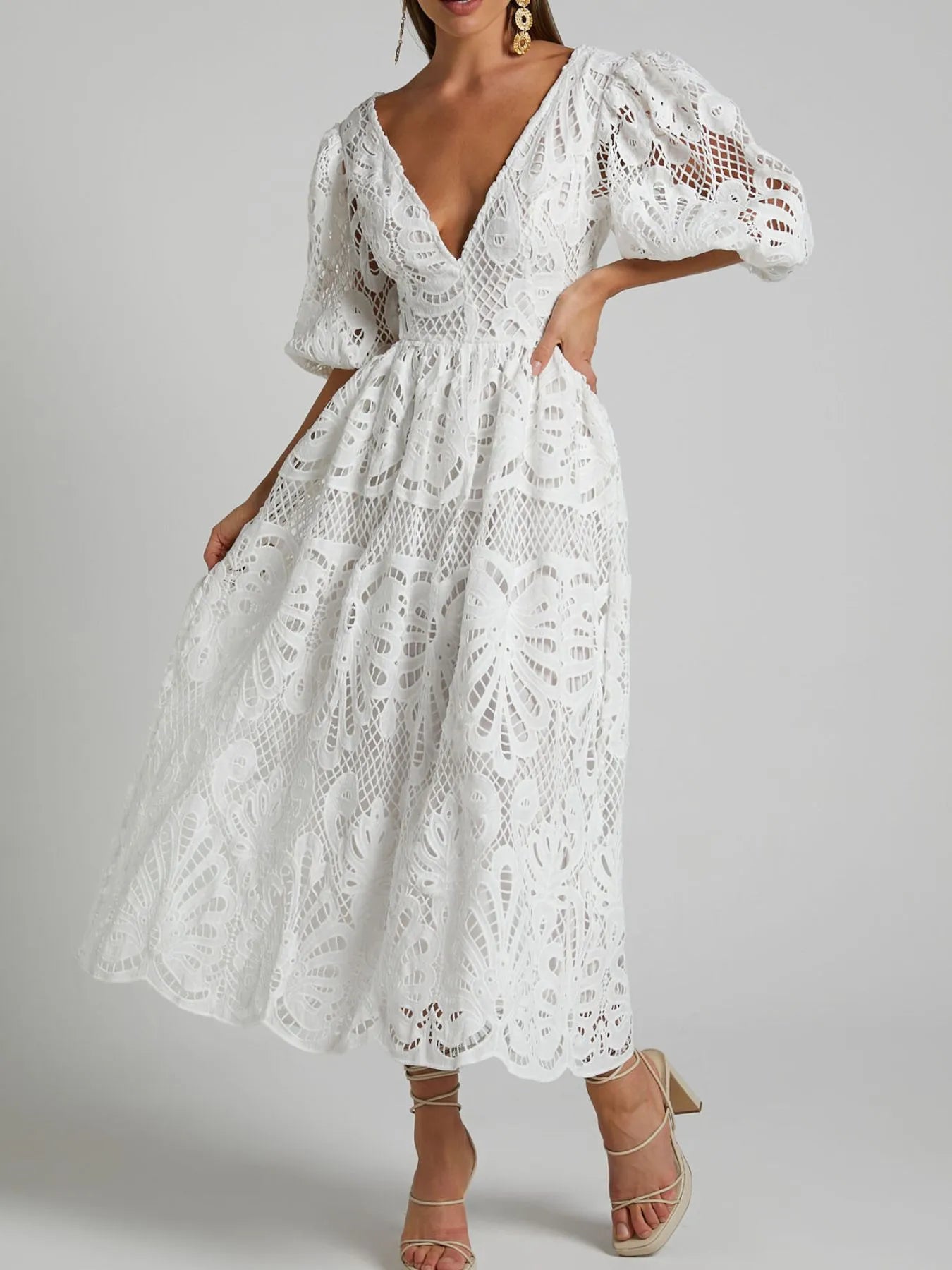 Cutout Back Lace Crochet V-Neck Dress - LoveNest Treasures