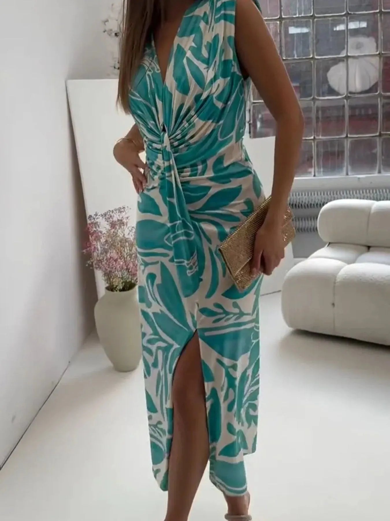 Full Size Slit Printed V-Neck Midi Dress Plus Size - LoveNest Treasures