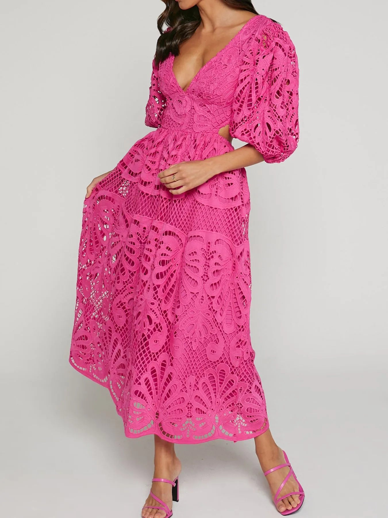 Cutout Back Lace Crochet V-Neck Dress - LoveNest Treasures