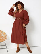 Plus Size Lace Detail V-Neck Balloon Sleeve Dress - LoveNest Treasures