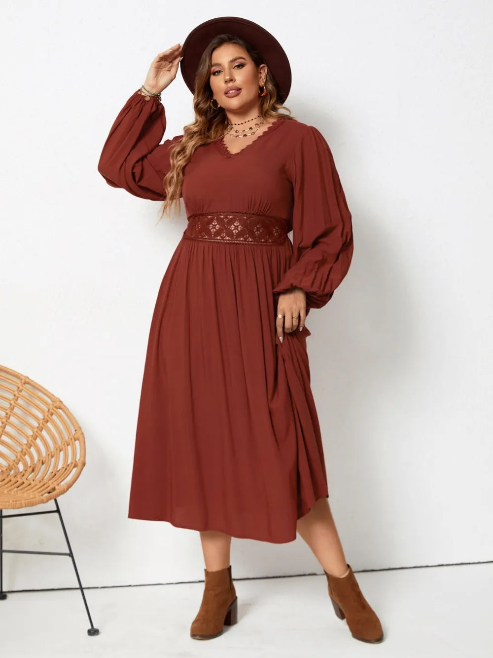 Plus Size Lace Detail V-Neck Balloon Sleeve Dress - LoveNest Treasures