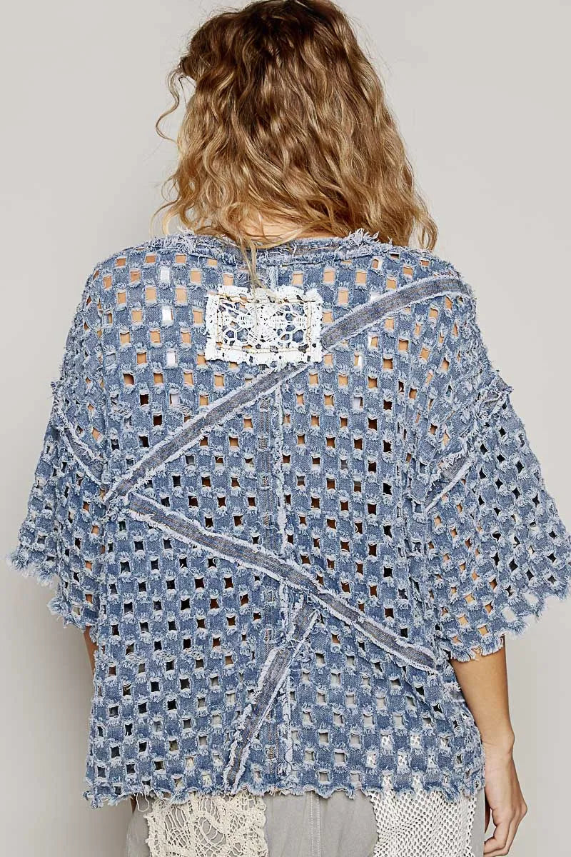 POL V-Neck Short Sleeve Top with Laser Cut Detail - LoveNest Treasures