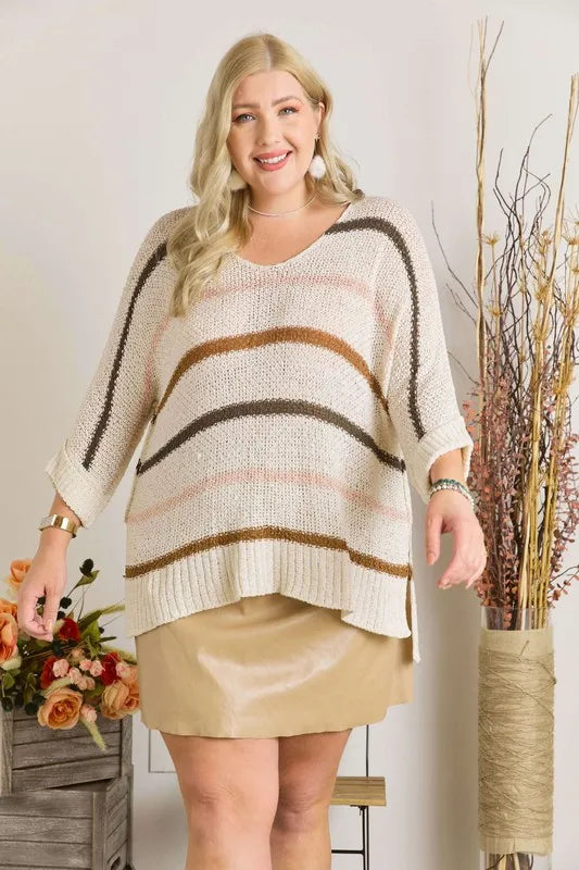 ADORA Full Size Multi Color Strip Sweater Plus Size - LoveNest Treasures