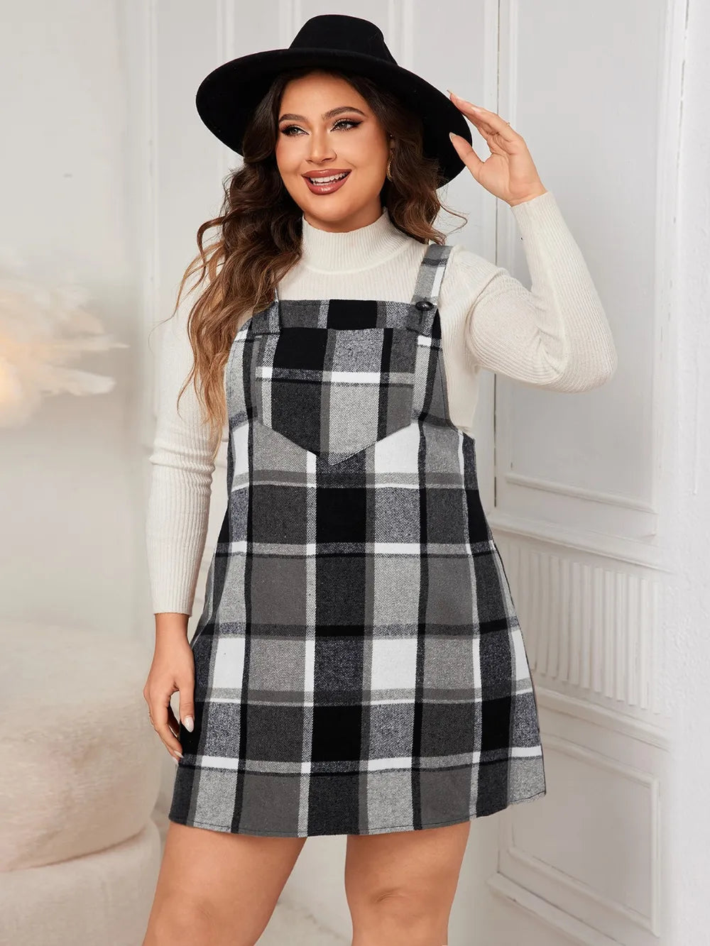 Honey Plus Size Plaid Wide Strap Overall Dress - LoveNest Treasures