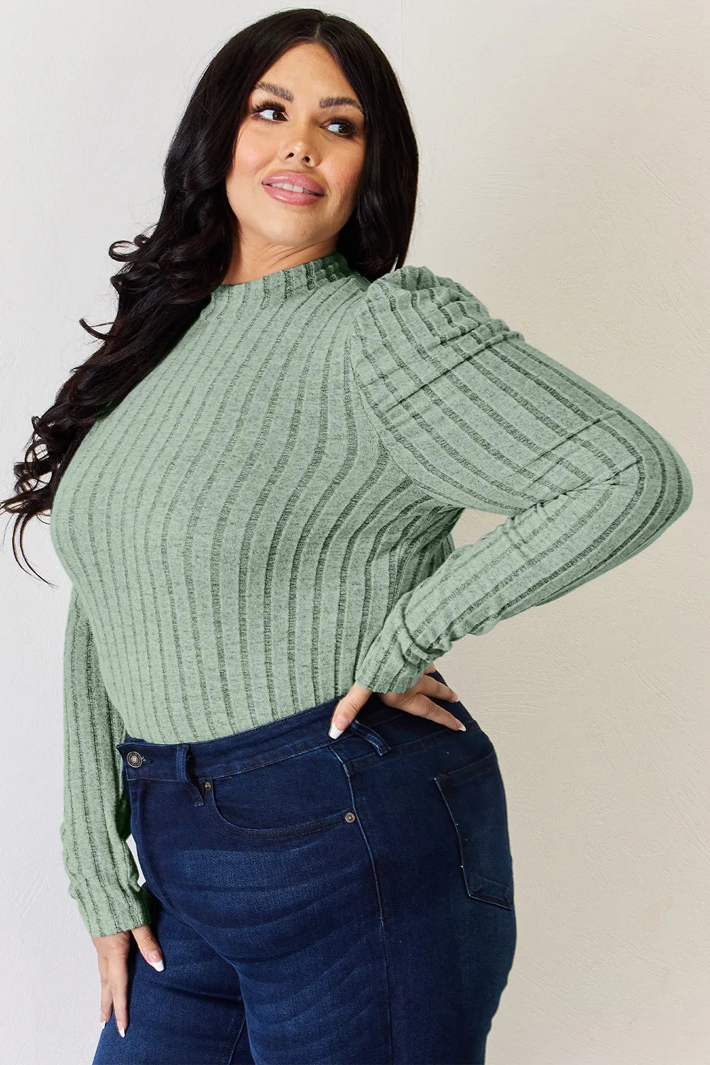 Basic Bae Full Size Ribbed Mock Neck Puff Sleeve T-Shirt - LoveNest Treasures