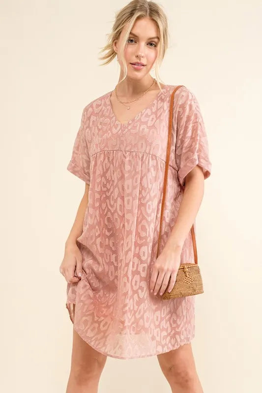 And The Why Woven Leopard Baby Doll Roll-Sleeve Casual Dress - LoveNest Treasures