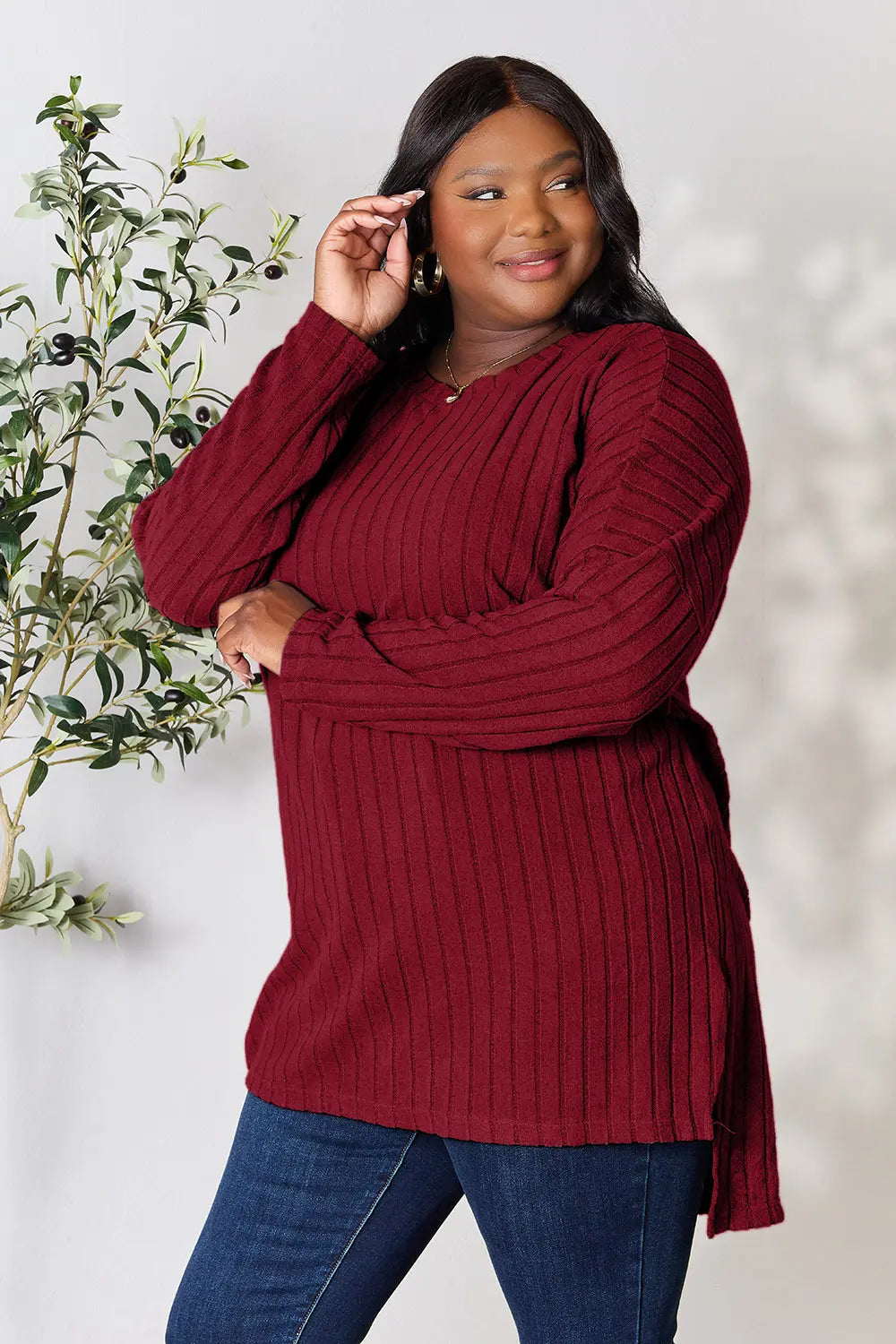 Basic Bae Full Size Ribbed Round Neck Long Sleeve Slit Top - LoveNest Treasures