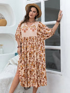 Plus Size Printed Tie Neck Half Sleeve Midi Dress - LoveNest Treasures