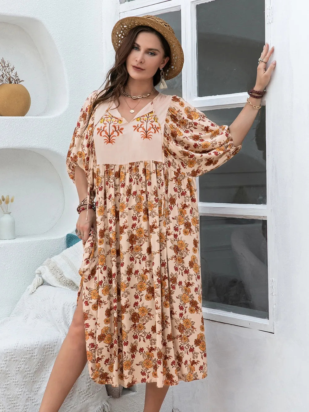 Plus Size Printed Tie Neck Half Sleeve Midi Dress - LoveNest Treasures