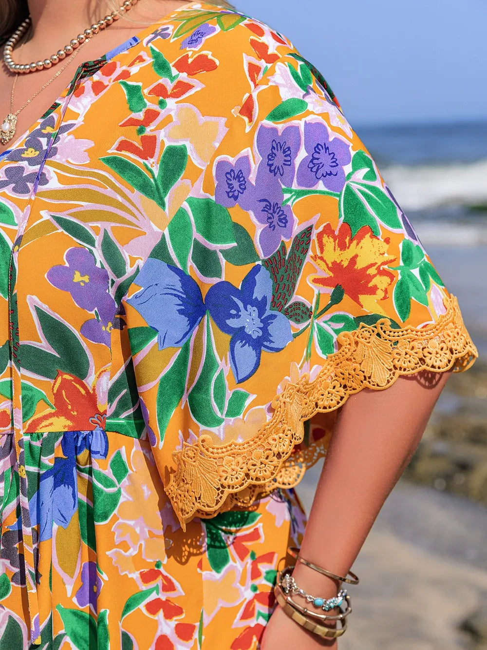 Plus Size Lace Detail Printed Tie Neck Half Sleeve Dress - LoveNest Treasures