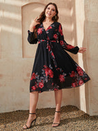 Honey Plus Size Floral Surplice Neck Tie Waist Dress - LoveNest Treasures
