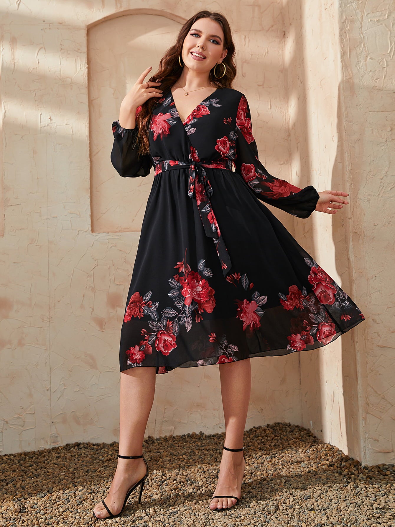 Honey Plus Size Floral Surplice Neck Tie Waist Dress - LoveNest Treasures